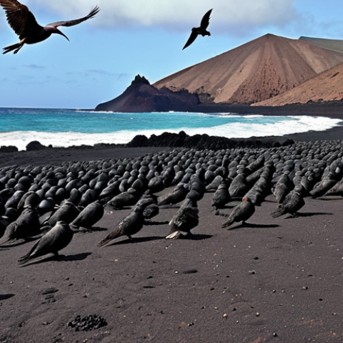 Home 4 Volcanic Ascension Island**
A stark landscape of black volcanic rock dominates Ascension Island, with crashing waves in the background. Frigatebirds soar overhead, and a green sea turtle lays eggs on a dark sand beach. Emphasize the harsh, desolate beauty of the volcanic terrain.
**