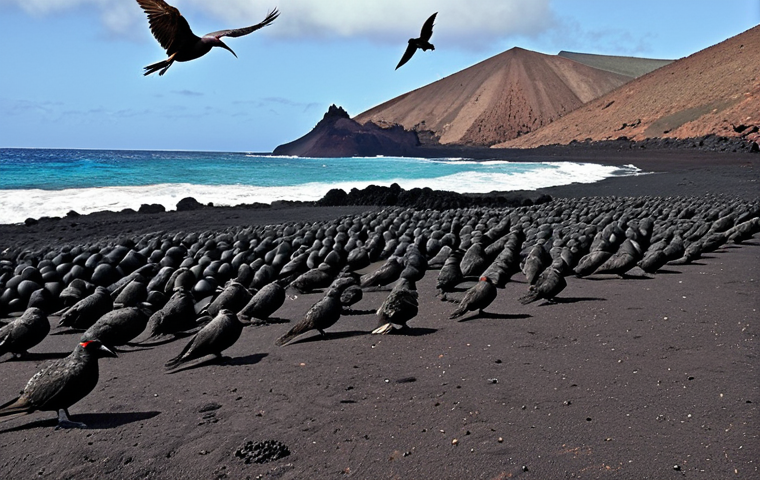 Volcanic Ascension Island**
A stark landscape of black volcanic rock dominates Ascension Island, with crashing waves in the background. Frigatebirds soar overhead, and a green sea turtle lays eggs on a dark sand beach. Emphasize the harsh, desolate beauty of the volcanic terrain.
**
